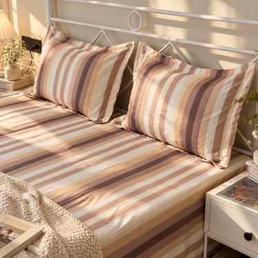 Caramel Latte King Size Butter Brushed Fibre Striped Bedsheet Set | Butterbed full view