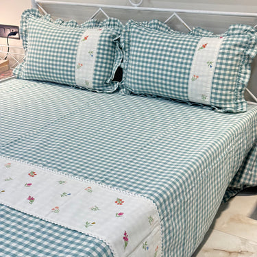 Gulmohar Blue Checkered 400 TC Pure Cotton Linen Embroidered Gingham Bedsheet | King Size | full view