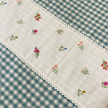 Gulmohar Blue Checkered 400 TC Pure Cotton Linen Embroidered Gingham Bedsheet | King Size | lace view