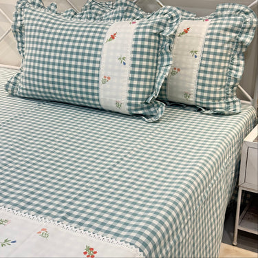 Gulmohar Blue Checkered 400 TC Pure Cotton Linen Embroidered Gingham Bedsheet | King Size | side view