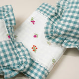 Gulmohar Blue Checkered 400 TC Pure Cotton Linen Embroidered Gingham Bedsheet | King Size | top studio view