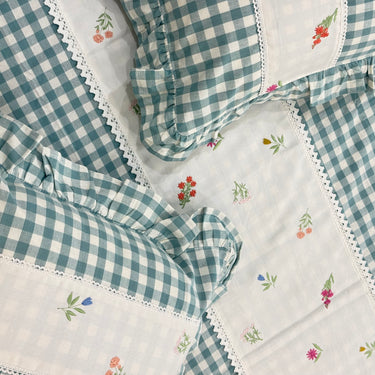 Gulmohar Blue Checkered 400 TC Pure Cotton Linen Embroidered Gingham Bedsheet | King Size | top view
