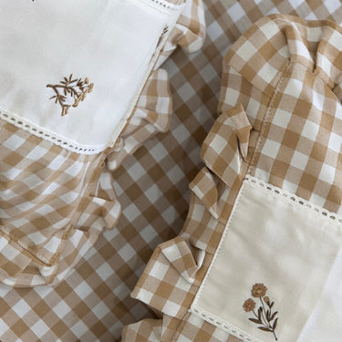 Gulmohar Brown Checkered 400 TC Pure Cotton Linen Embroidered Gingham Bedsheet | 110 X 110 inches closeup view