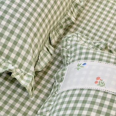 Gulmohar Green Checkered 400 TC Pure Cotton Linen Embroidered Gingham Bedsheet | King Size | pillow view