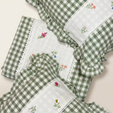 Gulmohar Green Checkered 400 TC Pure Cotton Linen Embroidered Gingham Bedsheet | King Size | top studio view