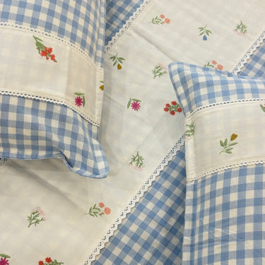 Gulmohar Light Blue Checkered 400 TC Pure Cotton Linen Embroidered Gingham Bedsheet | King Size | focus view