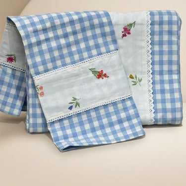 Gulmohar Light Blue Checkered 400 TC Pure Cotton Linen Embroidered Gingham Bedsheet | King Size | front studio view