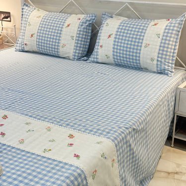 Gulmohar Light Blue Checkered 400 TC Pure Cotton Linen Embroidered Gingham Bedsheet | King Size | full view