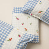 Gulmohar Light Blue Checkered 400 TC Pure Cotton Linen Embroidered Gingham Bedsheet | King Size | top studio view