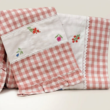 Gulmohar Peach Checkered 400 TC Pure Cotton Linen Embroidered Gingham Bedsheet | King Size | front studio view