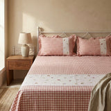 Gulmohar Peach Checkered 400 TC Pure Cotton Linen Embroidered Gingham Bedsheet | King Size | full view