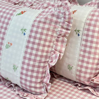 Gulmohar Pink Checkered 400 TC Pure Cotton Linen Embroidered Gingham Bedsheet | 110 X 110 inches | closeup view
