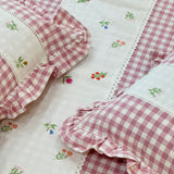 Gulmohar Pink Checkered 400 TC Pure Cotton Linen Embroidered Gingham Bedsheet | 110 X 110 inches | top view