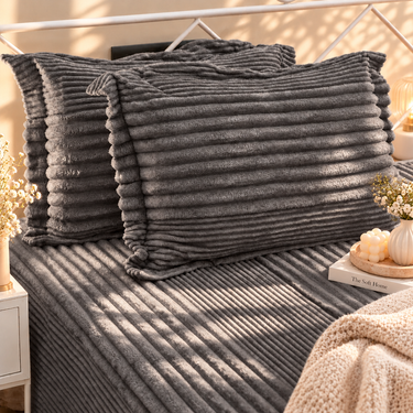 Midnight Mallow King Size Velvety Corduroy Winter Bedsheet Set with 2 Pillow Covers | side view
