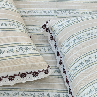 Pistachio Stripe Custard King Size ButterBrushed Fibre Bedsheet | lace view