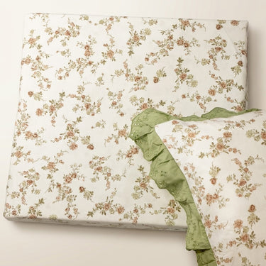 Green Rose Soft Cotton Feel Double Bed Bedsheet Set with Lace Detailed Pillow Covers (250 x 270 cm) | top studio view