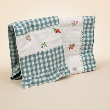 Gulmohar Blue Checkered 400 TC Pure Cotton Linen Embroidered Gingham Bedsheet | King Size | front studio view