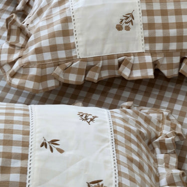 Gulmohar Brown Checkered 400 TC Pure Cotton Linen Embroidered Gingham Bedsheet | 110 X 110 inches creative view