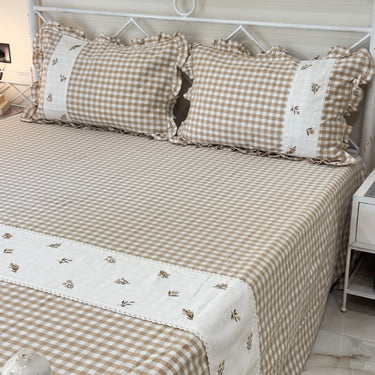 Gulmohar Brown Checkered 400 TC Pure Cotton Linen Embroidered Gingham Bedsheet | 110 X 110 inches overall view