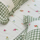Gulmohar Green Checkered 400 TC Pure Cotton Linen Embroidered Gingham Bedsheet | King Size | embroidery view
