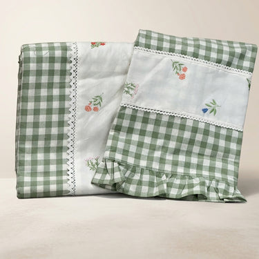 Gulmohar Green Checkered 400 TC Pure Cotton Linen Embroidered Gingham Bedsheet | King Size | front studio view