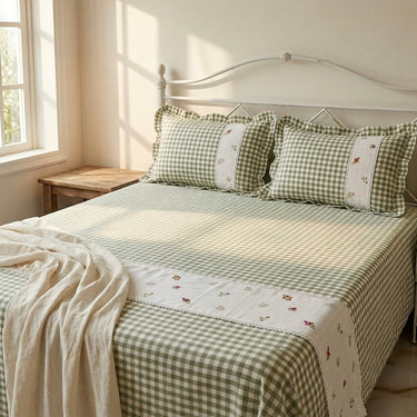 Gulmohar Green Checkered 400 TC Pure Cotton Linen Embroidered Gingham Bedsheet | King Size | full view