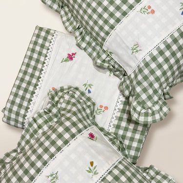 Gulmohar Green Checkered 400 TC Pure Cotton Linen Embroidered Gingham Bedsheet | King Size | top studio view