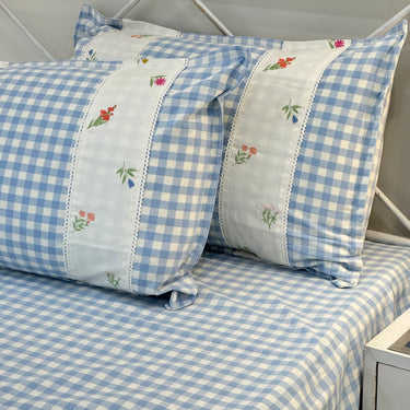 Gulmohar Light Blue Checkered 400 TC Pure Cotton Linen Embroidered Gingham Bedsheet | King Size | side view