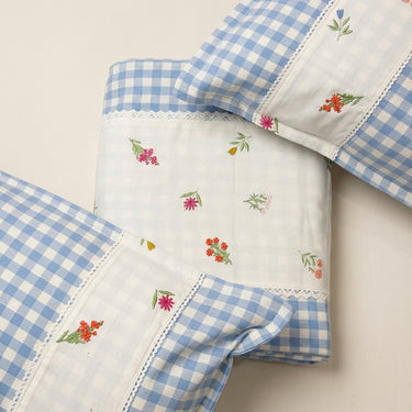 Gulmohar Light Blue Checkered 400 TC Pure Cotton Linen Embroidered Gingham Bedsheet | King Size | top studio view