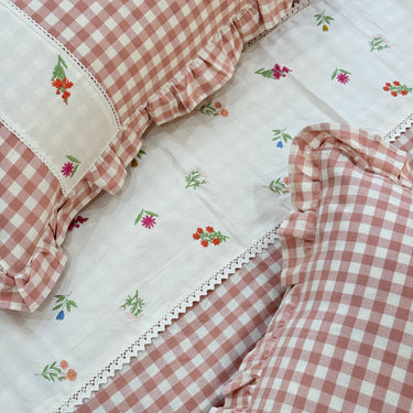 Gulmohar Peach Checkered 400 TC Pure Cotton Linen Embroidered Gingham Bedsheet | King Size | focus view