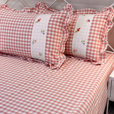 Gulmohar Peach Checkered 400 TC Pure Cotton Linen Embroidered Gingham Bedsheet | King Size | side view