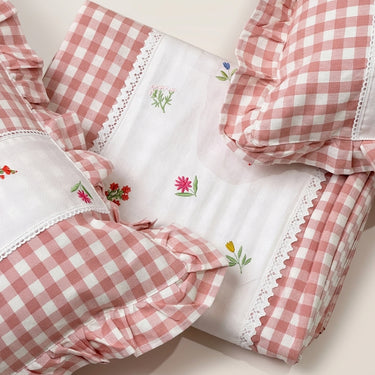 Gulmohar Peach Checkered 400 TC Pure Cotton Linen Embroidered Gingham Bedsheet | King Size | top studio view
