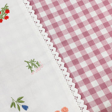 Gulmohar Pink Checkered 400 TC Pure Cotton Linen Embroidered Gingham Bedsheet | 110 X 110 inches | focus view