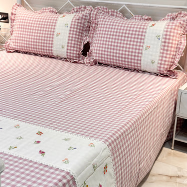 Gulmohar Pink Checkered 400 TC Pure Cotton Linen Embroidered Gingham Bedsheet | 110 X 110 inches | full view