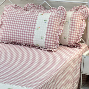 Gulmohar Pink Checkered 400 TC Pure Cotton Linen Embroidered Gingham Bedsheet | 110 X 110 inches | side view