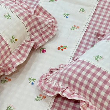 Gulmohar Pink Checkered 400 TC Pure Cotton Linen Embroidered Gingham Bedsheet | 110 X 110 inches | top view