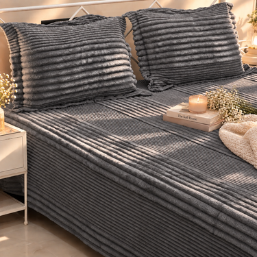 Midnight Mallow King Size Velvety Corduroy Winter Bedsheet Set with 2 Pillow Covers | full view