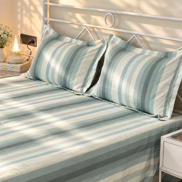 Mint Breeze King Size Butter Brushed Fibre Striped Bedsheet Set | Butterbed full view 