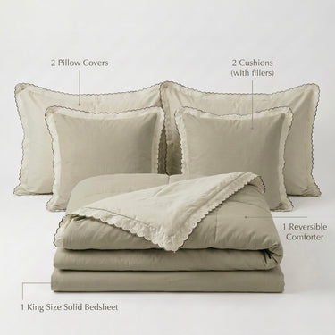 Soft Green 6 peice Summer Bedding Set with Lace Details | King Size | product explained view
