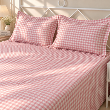 Strawberry Buttercup King Size Butter Brushed Fibre Gingham Bedsheet Set | full view