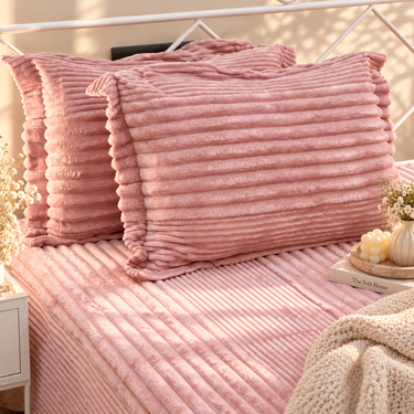 Strawberry Mallow King Size Velvety Corduroy Winter Bedsheet Set with 2 Pillow Covers | side view