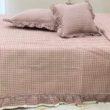 Vintage Gingham Plaid Cotton Bedcover with Delicate Ruffles - Set of 5 side view