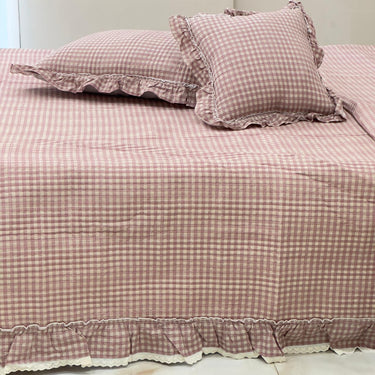 Vintage Gingham Plaid Cotton Bedcover with Delicate Ruffles - Set of 5 side view