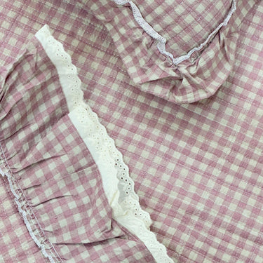 Vintage Gingham Plaid Cotton Bedcover with Delicate Ruffles - Set of 5 top view
