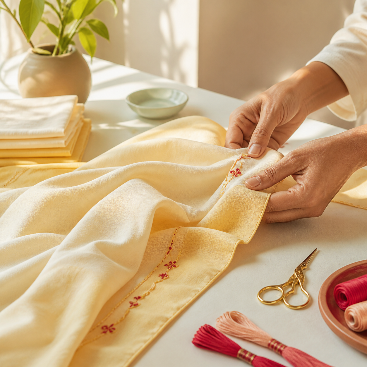 Soft ButterBed fabric being finished by hand in a sunlit studio