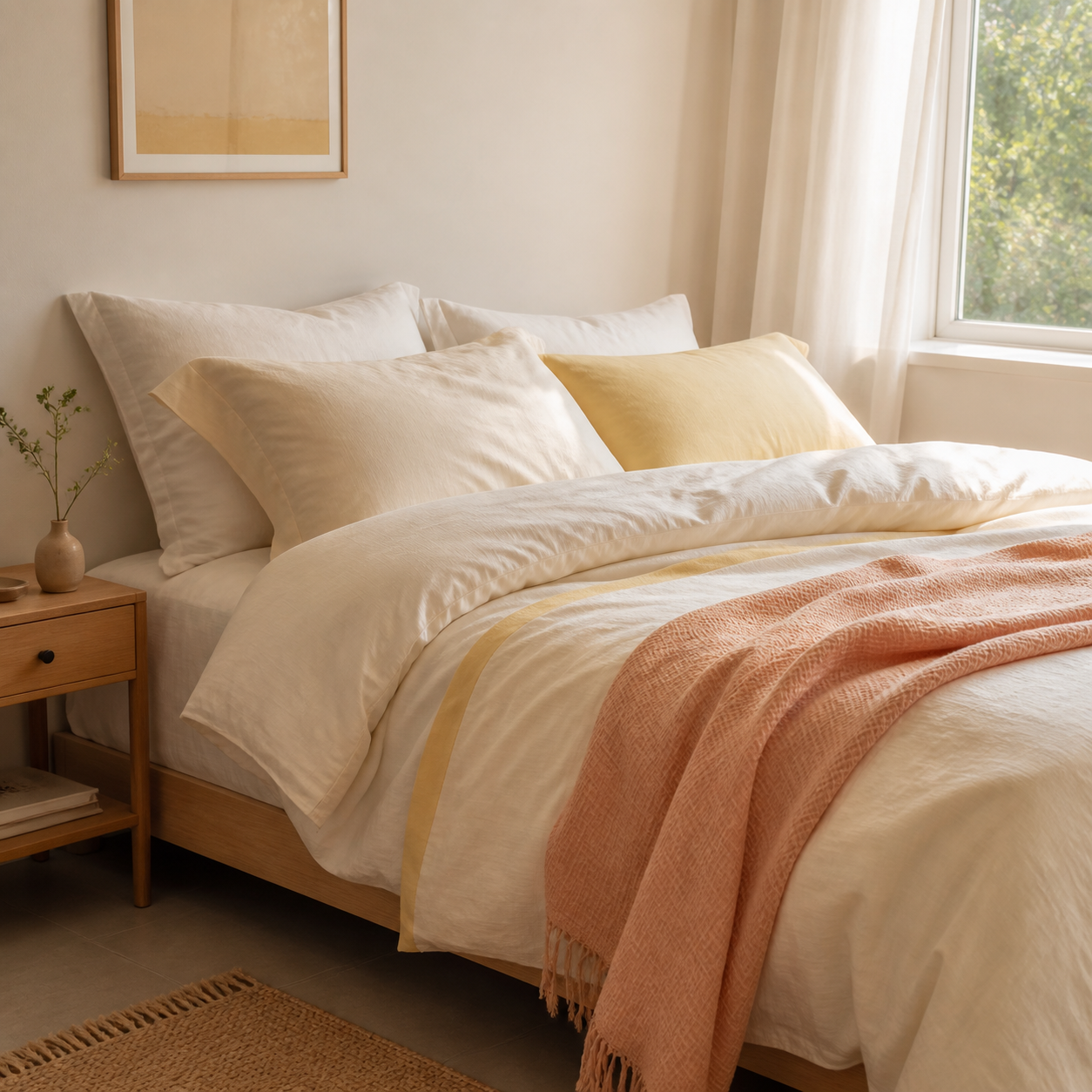 A sunny bedroom layered in ButterBed yellow, cream and peach